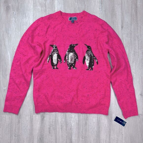 Karen Scott Sweaters - Karen Scott Women's Pink Sequins Holiday Penguin Sweater L